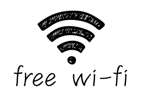 Hand drawn free wifi spot zone sign Public wi-fi area sign Wireless internet clipart in doodle style Single element for print, web, design, decor 3G, 4G, 5G, 6G, IoTのイラスト素材