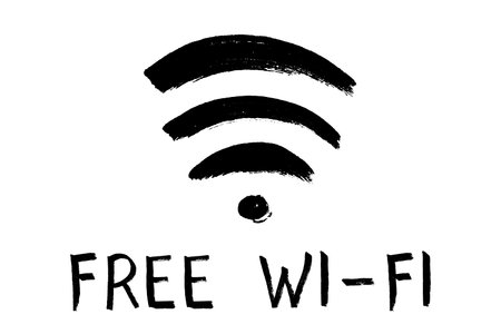 Hand drawn free wifi spot zone sign Public wi-fi area sign Wireless internet clipart in doodle style Single element for print, web, design, decor 3G, 4G, 5G, 6G, IoTのイラスト素材