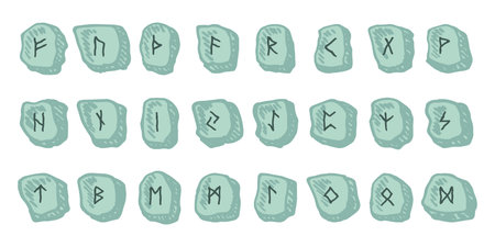 Set of hand drawn viking runes Rune stones with ancient norse alphabet characters engraved on them...