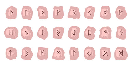 Set of hand drawn viking runes Rune stones with ancient norse alphabet characters engraved on them...