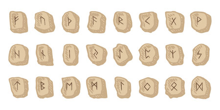 Set of hand drawn viking runes Rune stones with ancient norse alphabet characters engraved on them...