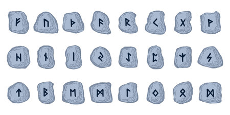 Set of hand drawn viking runes Rune stones with ancient norse alphabet characters engraved on them...