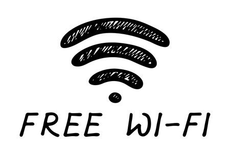 Hand drawn free wifi spot zone sign Public wi-fi area sign Wireless internet clipart in doodle style Single element for print, web, design, decor 3G, 4G, 5G, 6G, IoTのイラスト素材