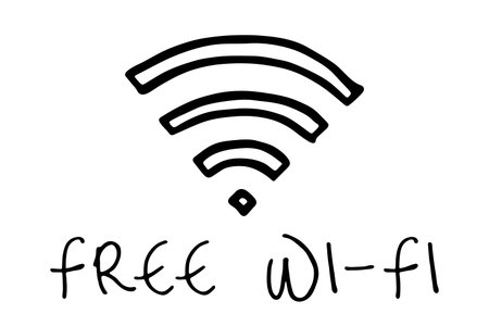 Hand drawn free wifi spot zone sign Public wi-fi area sign Wireless internet clipart in doodle style Single element for print, web, design, decor 3G, 4G, 5G, 6G, IoTのイラスト素材