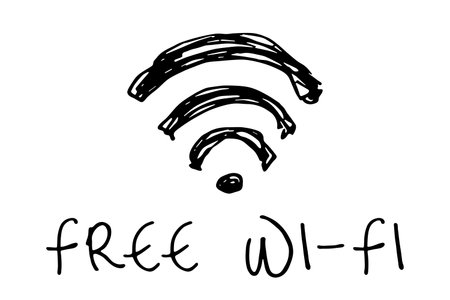 Hand drawn free wifi spot zone sign Public wi-fi area sign Wireless internet clipart in doodle style Single element for print, web, design, decor 3G, 4G, 5G, 6G, IoTのイラスト素材