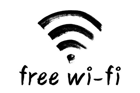 Hand drawn free wifi spot zone sign Public wi-fi area sign Wireless internet clipart in doodle style Single element for print, web, design, decor 3G, 4G, 5G, 6G, IoTのイラスト素材