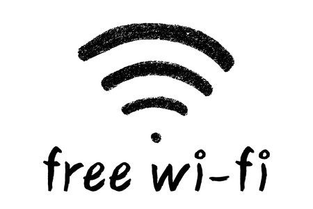 Hand drawn free wifi spot zone sign Public wi-fi area sign Wireless internet clipart in doodle style Single element for print, web, design, decor 3G, 4G, 5G, 6G, IoTのイラスト素材
