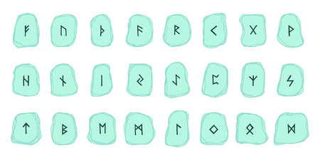 Set of hand drawn viking runes Rune stones with ancient norse alphabet characters engraved on them...