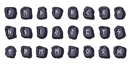 Set of hand drawn viking runes Rune stones with ancient norse alphabet characters engraved on them...