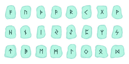 Set of hand drawn viking runes Rune stones with ancient norse alphabet characters engraved on them...
