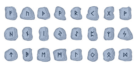 Set of hand drawn viking runes Rune stones with ancient norse alphabet characters engraved on them...