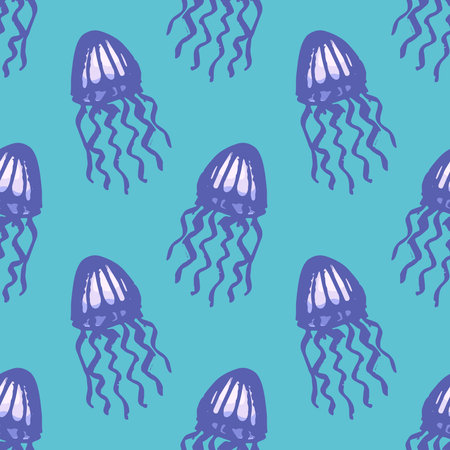 Seamless pattern with hand drawn jellyfish Sea animal Cute marine underwater creature Medusa For...