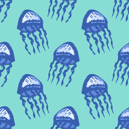 Seamless pattern with hand drawn jellyfish Sea animal Cute marine underwater creature Medusa For...