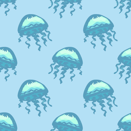 Seamless pattern with hand drawn jellyfish Sea animal Cute marine underwater creature Medusa For...