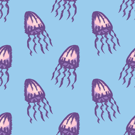 Seamless pattern with hand drawn jellyfish Sea animal Cute marine underwater creature Medusa For...