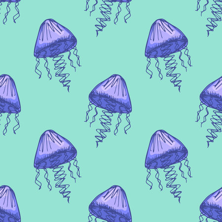 Seamless pattern with hand drawn jellyfish Sea animal Cute marine underwater creature Medusa For...
