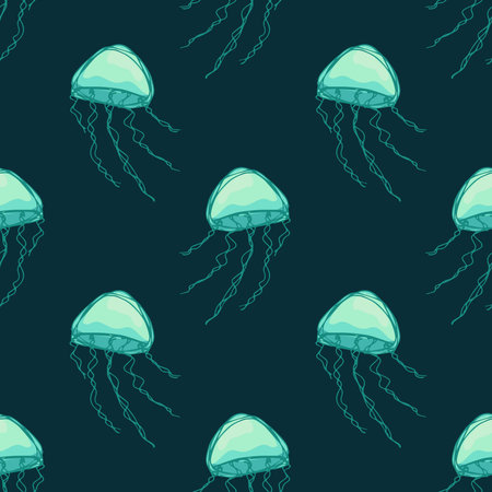 Seamless pattern with hand drawn jellyfish Sea animal Cute marine underwater creature Medusa For...