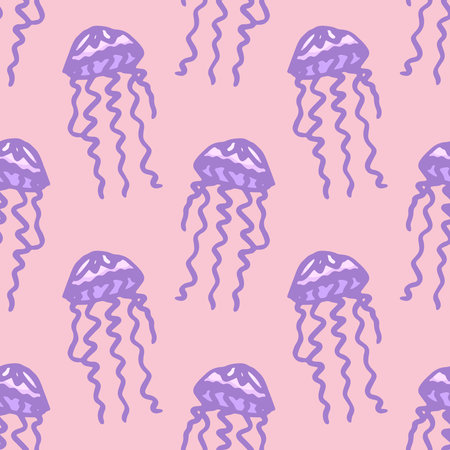 Seamless pattern with hand drawn jellyfish Sea animal Cute marine underwater creature Medusa For...