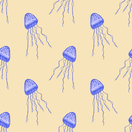 Seamless pattern with hand drawn jellyfish Sea animal Cute marine underwater creature Medusa For...