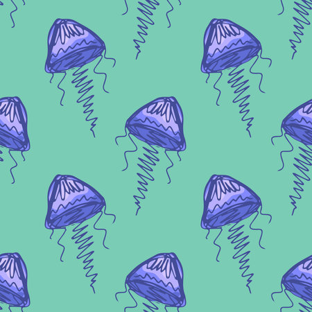 Seamless pattern with hand drawn jellyfish Sea animal Cute marine underwater creature Medusa For...