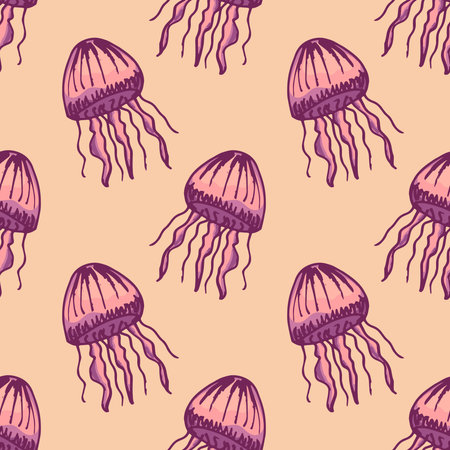 Seamless pattern with hand drawn jellyfish Sea animal Cute marine underwater creature Medusa For...