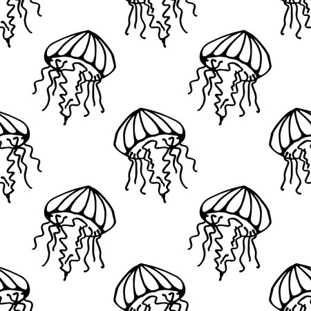 Seamless pattern with hand drawn jellyfish Sea animal Cute marine underwater creature Medusa For...
