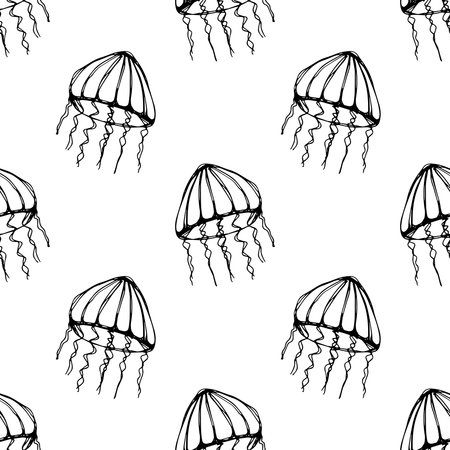 Seamless pattern with hand drawn jellyfish Sea animal Cute marine underwater creature Medusa For...
