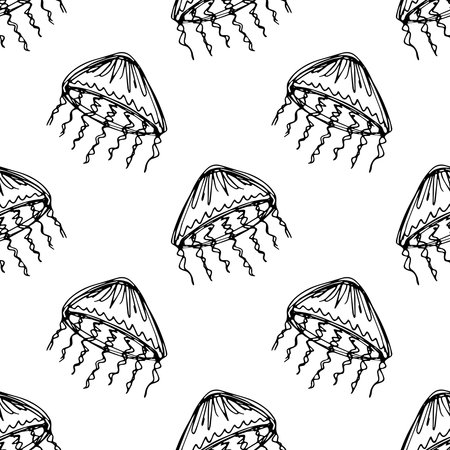 Seamless pattern with hand drawn jellyfish Sea animal Cute marine underwater creature Medusa For...