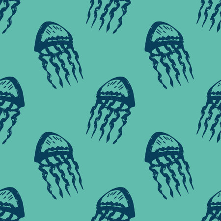 Seamless pattern with hand drawn jellyfish Sea animal Cute marine underwater creature Medusa For...