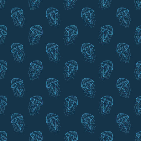 Seamless pattern with hand drawn jellyfish Sea animal Cute marine underwater creature Medusa For...