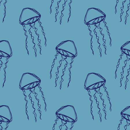 Seamless pattern with hand drawn jellyfish Sea animal Cute marine underwater creature Medusa For...