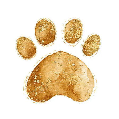 Gold watercolor cat's paw print Golden Ñat, dog, animal footprint with shimmering glitter Single element for design