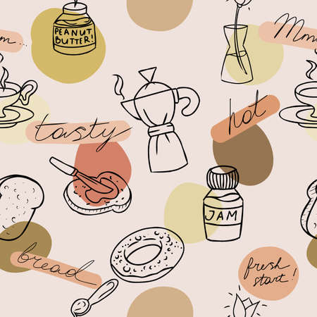 Seamless pattern with breakfast food, moka coffee pot in beige colorsのイラスト素材