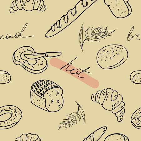 Seamless pattern with bread, croissant and wheat line art on beige backgroundのイラスト素材