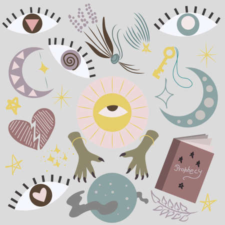 Vector set of celestial and magic clipart, including book of spells, eyes, heart, herbs and crescent moonのイラスト素材