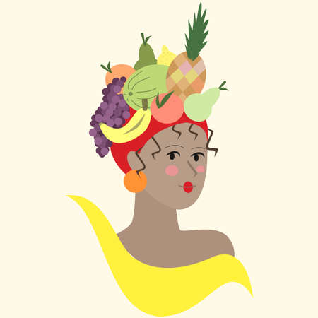 Vector black lady with fruits hat on her headのイラスト素材