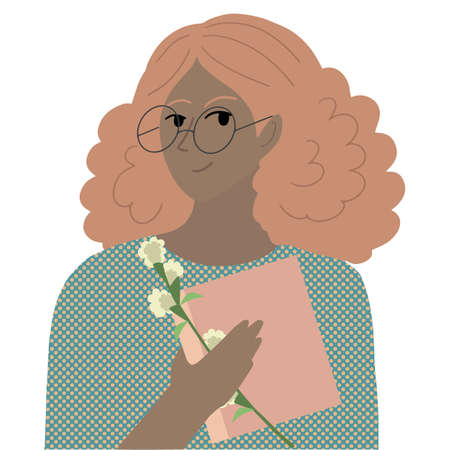 Cute girl with glasses and curly hair, holding a book and a flower doodle illustration.のイラスト素材