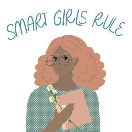 Cute girl with glasses and curly hair, holding a book and a flower doodle illustration. Text above Smart girl ruleのイラスト素材