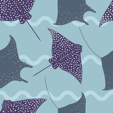 Seamless pattern with manta and stingrays in water with blue wavesのイラスト素材