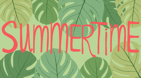 Vector banner or poster with green palm Monstera leaves and words summertime in doodle style