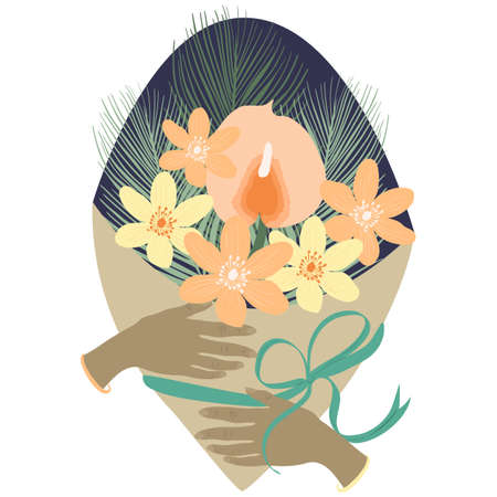 Woman hands holding exotic flowers bouquetのイラスト素材