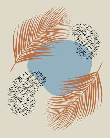 Modern art card or poster with abstract neutral color shapes and palm leaves with empty space in the middleのイラスト素材