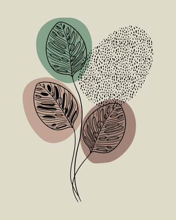 Modern art card or poster with abstract earth color shapes and plant branchのイラスト素材