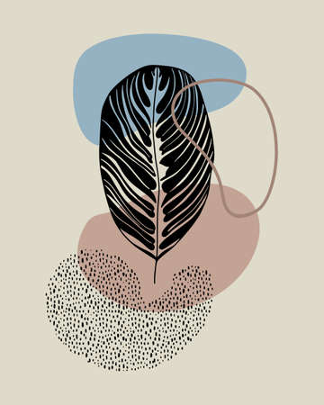 Modern art card or poster with abstract shapes and plant leafのイラスト素材