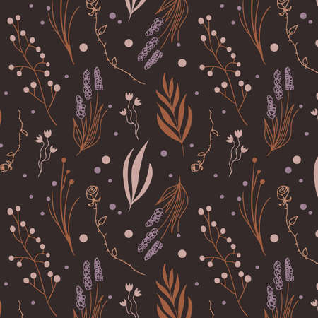 Seamless pattern with herbs, lavender and other plants on a  brown backgroundのイラスト素材