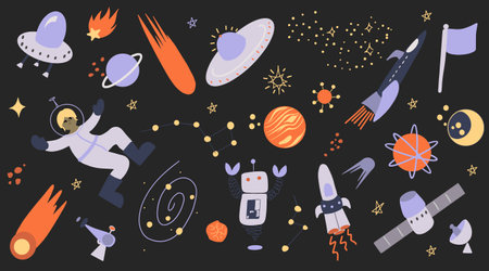 Vector hand drawn set of cute doodle space themed clip artのイラスト素材