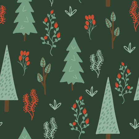 Vector seamless pattern with cute forest trees and flowers in dark green season colorのイラスト素材