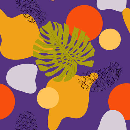Vector seamless pattern with abstract shapes and palm leaf in minimalistic boho style on purple backgroundのイラスト素材