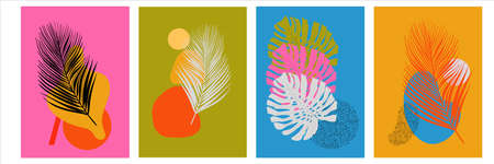 Set of four vivid color posters in minimalistic mid century modern style