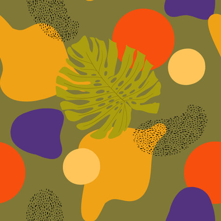 Vector seamless pattern with abstract shapes and palm leaf in minimalistic boho style on khaki backgroundのイラスト素材